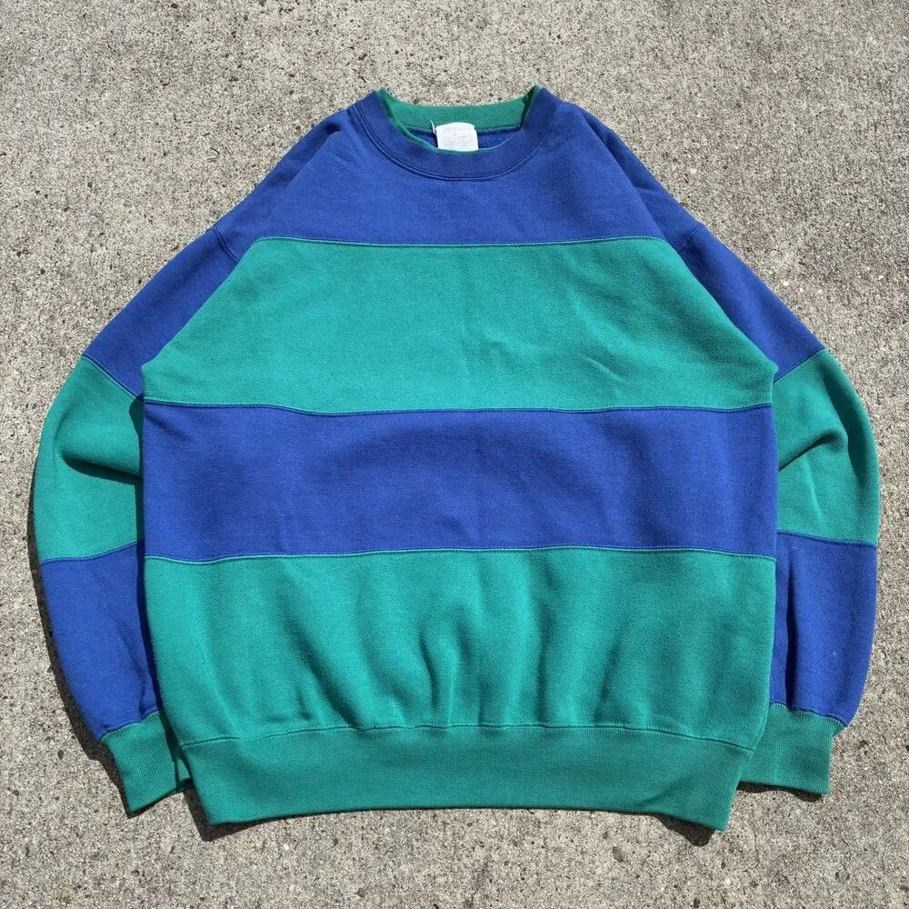 Cheetah VTG 90s Sweatshirt Sweater Green Black Colorblock Stripe Pullover Mens L - Picture 11 of 12